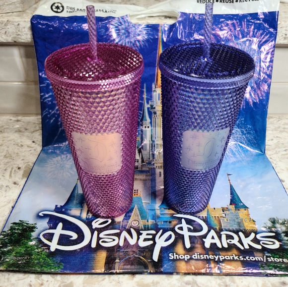 SET of 2 Disney Parks 50th Starbucks Studded Tumbler Cup Pink Blue Iridescent - Picture 1 of 11